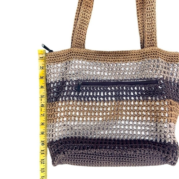 The Sak neutral stripe crochet over gold metallic shoulder bag top zipper - Picture 9 of 13